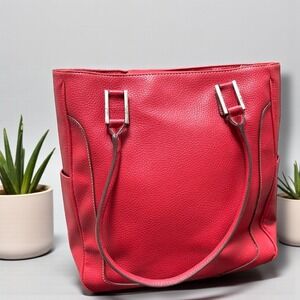 Tommy Hilfiger Red Pebbled Leather Tote Bag Silver Hardware Shoulder Bag